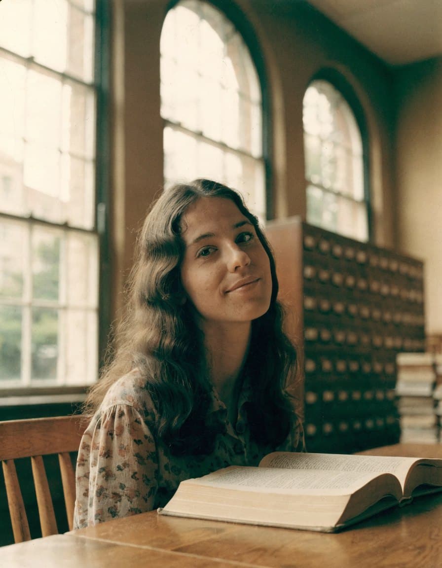 A young woman in a university library, 1974